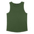 A green tank top featuring a simple design and a logo. It has a relaxed fit and no sleeves.