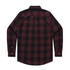 A button-up shirt in burgundy and black check pattern, featuring long sleeves and a back yoke. It has a logo.