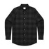 A black and grey check shirt featuring a button-up front and two chest pockets. It includes a logo on the label.