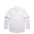 A white linen button-up shirt with long sleeves and a chest pocket. It features a collar and a logo.