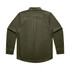 A green work shirt with long sleeves and a back vent detail. It features a collar and buttoned cuffs.