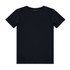 A plain navy youth T-shirt with a round neckline and short sleeves, featuring a logo on the label.