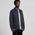 A work jacket in navy blue, featuring a collar and button-up front, worn by a standing male model.