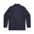 A navy work jacket with a collar, long sleeves, and buttoned cuffs, featuring a logo on the back.