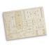 A wooden model kit featuring various pre-cut pieces for assembly, showcasing natural wood colour. Includes a branding logo.