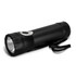 A black rechargeable torch with a strap and a silver button, featuring a bright light at one end.