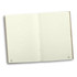 A soft cover notebook with lined pages, featuring a cream colour and a simple logo at the corners.