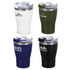 A drink bottle collection featuring four vacuum cups in white, green, navy, and black, each with a clear lid and branding.