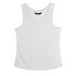 A white women's sports tank top with a rounded neckline and a logo on the label.