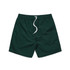 A pair of 17-inch beach shorts in dark green, featuring an elastic waistband and a drawstring.