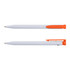 A recycled plastic pen in white with orange accents, featuring a logo on the side.