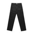 Black utility cargo pants featuring side pockets and a button closure, with a simple logo on the waistband.