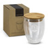 A glass cup with a bamboo lid, featuring a clear design and a box for packaging, showcasing a natural aesthetic.