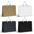 Extra large paper bags in gold, white, and black, featuring ribbon handles. Each bag has a simple design and a logo.