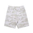 Light grey camo shorts with an elastic waistband and a back pocket, featuring a branding logo.