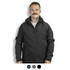 A man is wearing a black soft shell jacket with a hood. The jacket features a logo on the front.