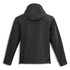 A black soft shell men's jacket with a hood, featuring a simple design and a logo.