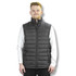 A unisex puffer vest in charcoal grey, featuring a high collar and a zipped front, worn by a model.