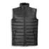 A black unisex puffer vest with a high neck and zip front, featuring two side pockets and a simple design.