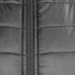 A close-up of a black puffer jacket featuring a zippered front and quilted texture. It has a logo on the fabric.