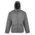 A grey puffer jacket featuring a hood, with a quilted design and a front zipper. It has a logo on it.