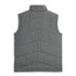 A grey puffer vest with a chevron quilted pattern and a high collar. The vest has no sleeves and features a logo.