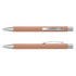 A metal pen in a soft orange colour with silver accents and a clip, featuring a sleek design.