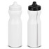 A drink bottle featuring a white body with a black lid and a white stripe, and another completely white bottle.