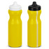 A drink bottle featuring a bright yellow body with black and white caps, and a simple design with a logo.