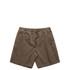 A pair of brown cord shorts with an elastic waistband and drawstring detail. Features a logo on the waistband.