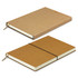 A recycled soft cover notebook in brown with a plain cover and an elastic band closure, featuring cream-coloured pages.