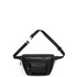 A black recycled pocket waist bag with an adjustable strap and a front zippered pocket. It features a logo.