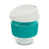 A drink bottle made of Tritan, featuring a teal band, clear body, and a white lid. It has a logo on it.