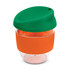 A drink bottle with a clear body, orange silicone band, and a green lid. It features a logo on the surface.