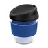 A drink bottle with a transparent body, blue silicone sleeve, and a black lid. It features a logo.