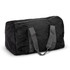 A black foldable duffle bag with grey handles and a zippered top, featuring a logo.