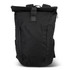 A black roll-up computer backpack with adjustable straps and a side zip pocket. It features a logo on the front.