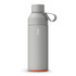 A drink bottle in grey with an orange base, featuring a carry handle and a logo.