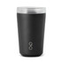 A drink bottle in matte black with a clear lid and a logo featured on the front. Ideal for hot or cold beverages.