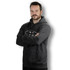 A faded grey unisex hoodie with a front pocket and a logo on the chest, featuring a relaxed fit.