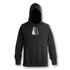A faded black unisex hoodie with a front pocket and a drawstring hood, featuring a tag and a logo.