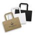 A small flat handle paper bag set in black, white, and brown, featuring a logo on each bag.