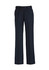 A pair of women's slacks in dark navy, featuring an adjustable waist and a straight-leg design.
