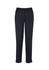 Navy women's slim leg pants with a button closure, featuring a sleek design and side pockets. Includes a logo.