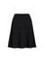 A black flared skirt with a bandless waist, featuring a smooth silhouette and soft fabric.