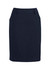 A women's comfort wool stretch multi-pleat skirt in dark navy, featuring a fitted design and waistband with pockets.