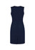 A navy sleeveless V-neck dress with a fitted silhouette and a back zipper, featuring a centre back vent.