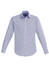 A light blue button-up shirt with a collar and long sleeves, featuring a logo.