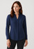 A women's long sleeve blouse in navy blue with a v-neckline and a relaxed fit. Features a branding logo.