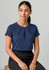 A navy short sleeve top with pleats, featuring a logo, displayed on a model.